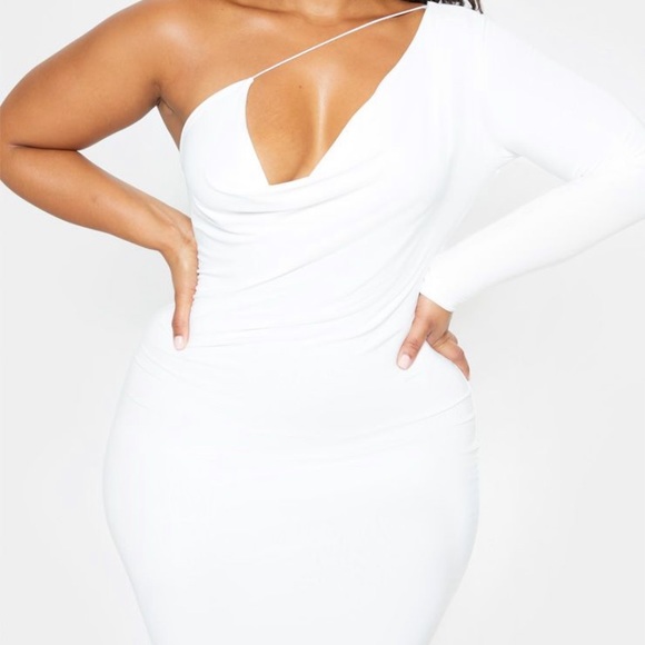 Plus White One Shoulder Cowl Neck Bodycon Dress - Picture 2 of 4